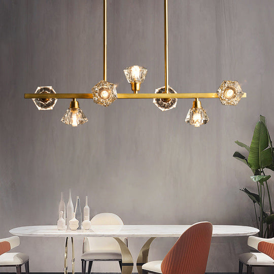Diamond Crystal Brass Pendant With 7 Lights - Linear Restaurant Island Lamp