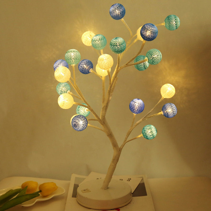 Art Deco Led Night Table Lamp With Cotton Thread Ball Tree Design - Pink/Blue/Green Blue
