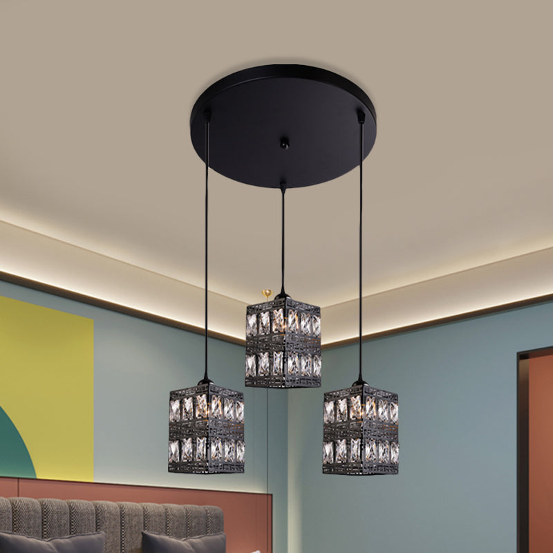 Modern Crystal Pendulum Light - Cuboid Shape 3-Light Black Finish