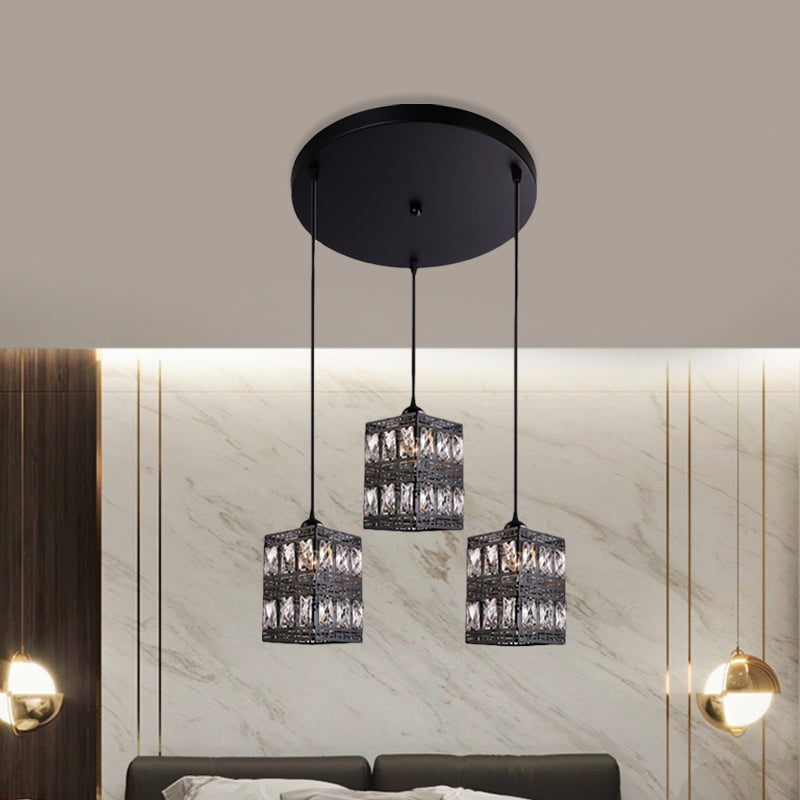 Modernist Crystal Block Cuboid Pendulum Light - 3-Light Black Finish Hanging Lamp
