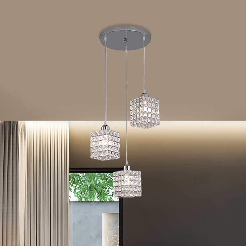 Minimalist Chrome Cuboid Pendant with 3 Beveled Crystal Bulbs - Ceiling Suspension Light