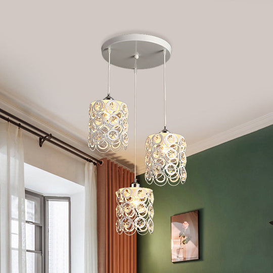 Modern Cylinder Hanging Lamp: K9 Crystal Embedded 3-Head White Finish Ceiling Light