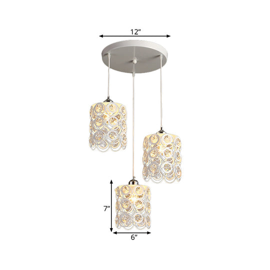 Modern Cylinder Hanging Lamp: K9 Crystal Embedded 3-Head White Finish Ceiling Light
