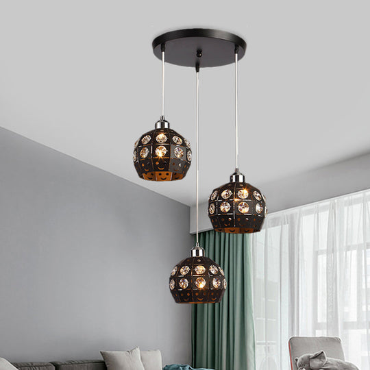 Black Dome Crystal Embedded Pendant Lamp - Modernist 3-Head Dining Room Suspension Light Fixture
