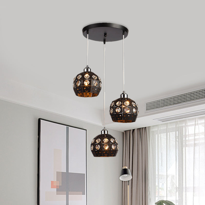 Black Dome Crystal Embedded Pendant Lamp - Modernist 3-Head Dining Room Suspension Light Fixture