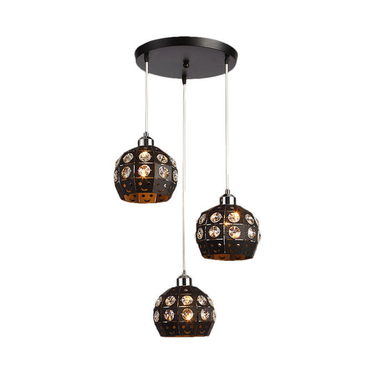 Black Dome Crystal Embedded Pendant Lamp - Modernist 3-Head Dining Room Suspension Light Fixture