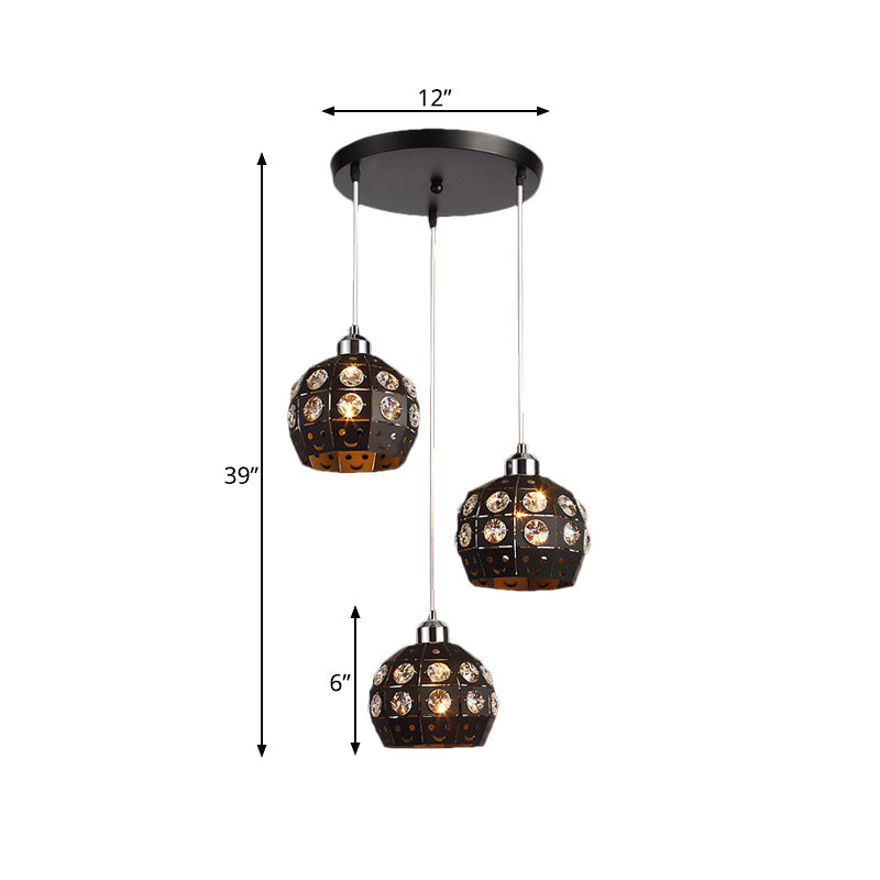 Black Dome Crystal Embedded Pendant Lamp - Modernist 3-Head Dining Room Suspension Light Fixture