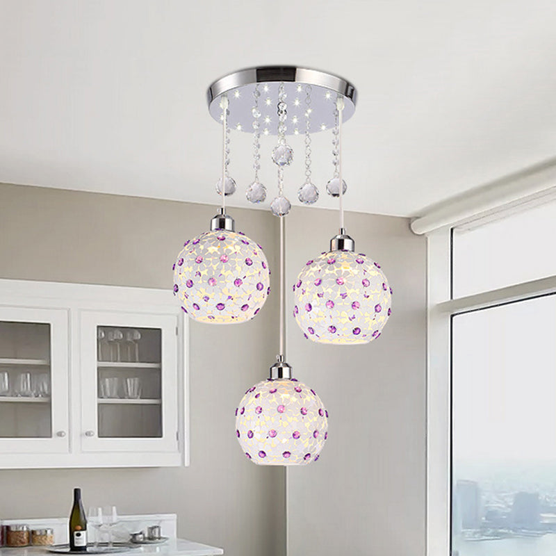 Modern Iron Sphere Multi-Pendant Ceiling Fixture with 3 Lights, White Finish & Purple Crystal Bead Decor
