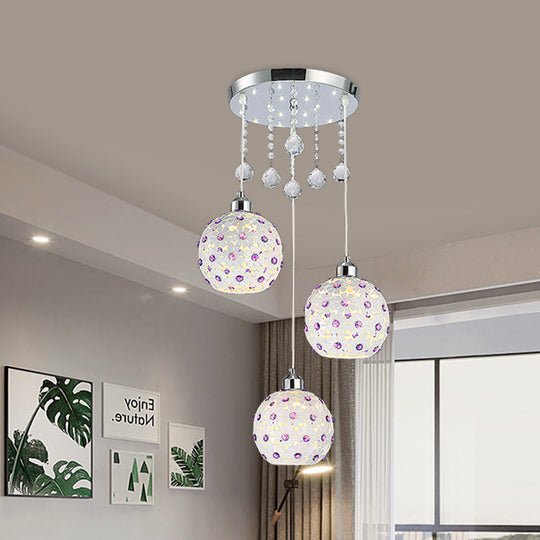 Modern Iron Multi-Pendant Ceiling Fixture With 3 Lights White Finish And Purple Crystal Bead Decor