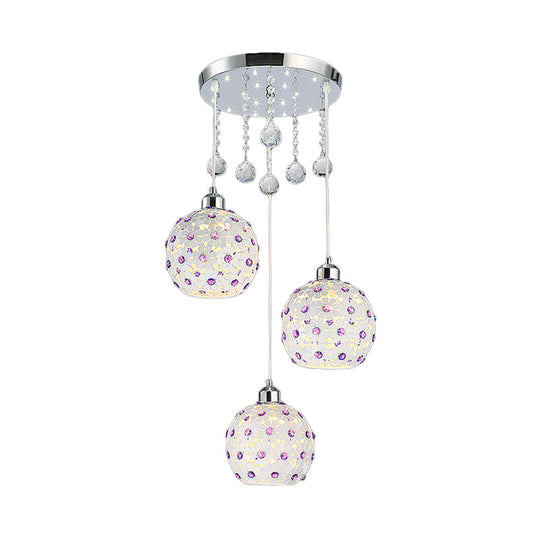 Modern Iron Sphere Multi-Pendant Ceiling Fixture with 3 Lights, White Finish & Purple Crystal Bead Decor