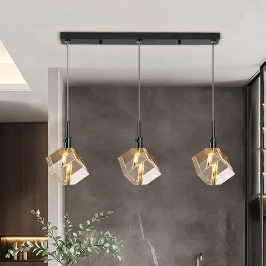 Black Cube Pendant Light with Clear Crystal Glass – 3-Light, Simple and Stylish