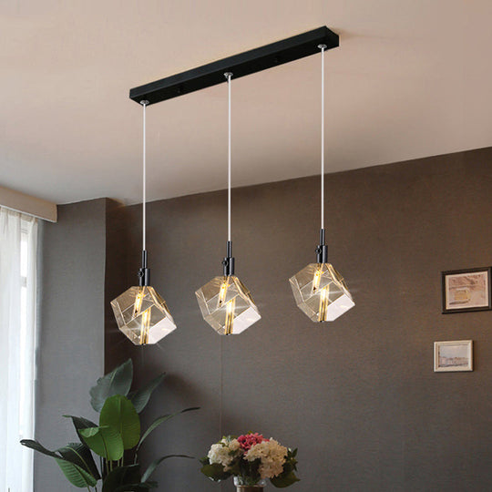 Black Cube Pendant Light With Simple 3-Light Design Clear Crystal Glass And Multiple Hanging Options