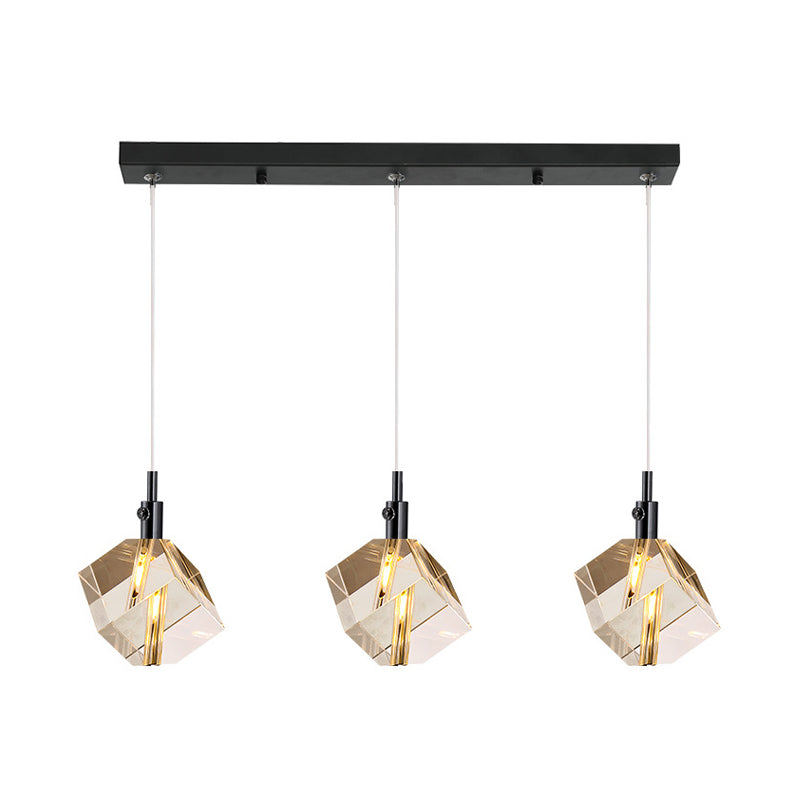 Black Cube Pendant Light With Simple 3-Light Design Clear Crystal Glass And Multiple Hanging Options