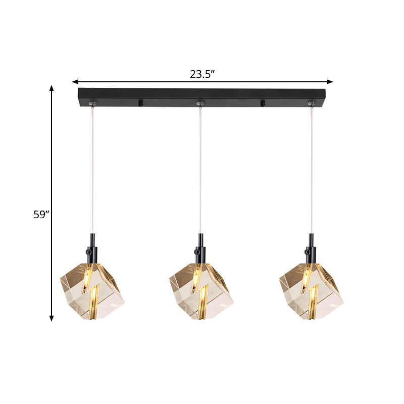 Black Cube Pendant Light With Simple 3-Light Design Clear Crystal Glass And Multiple Hanging Options