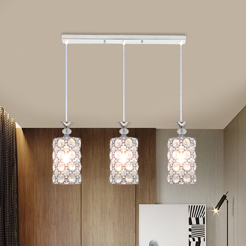 Modern Silver Cluster Pendant with Crystal Encrusted Shade - 3 Lights Restaurant Ceiling Lamp