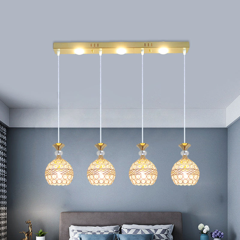 Modernist Gold Finish Pendant Dining Room Ceiling Light With Crystal Embedded Globe Shade - 4 Heads