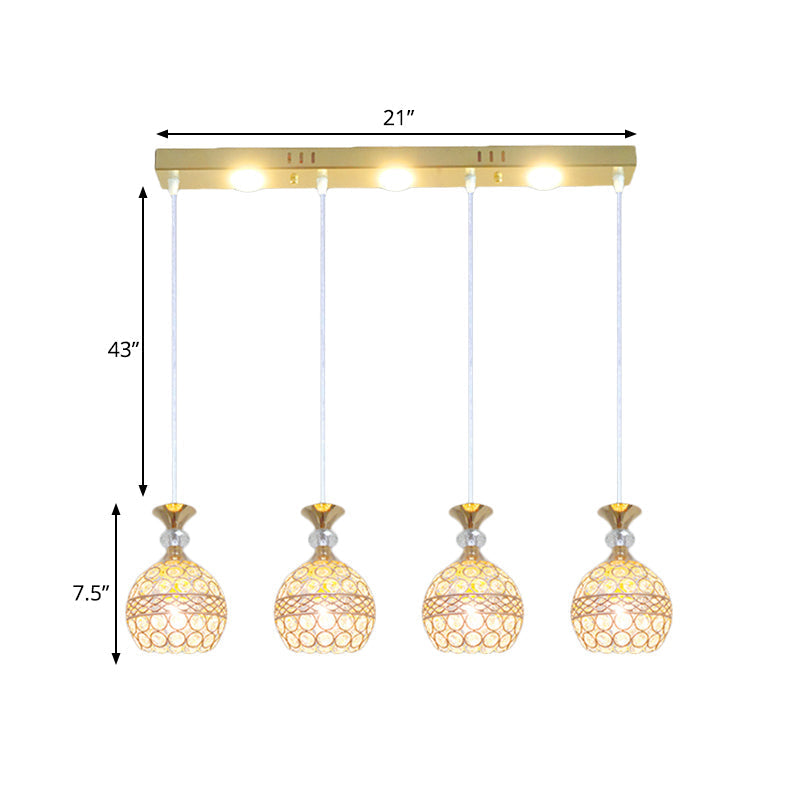 Modernist Gold Finish Pendant Dining Room Ceiling Light With Crystal Embedded Globe Shade - 4 Heads