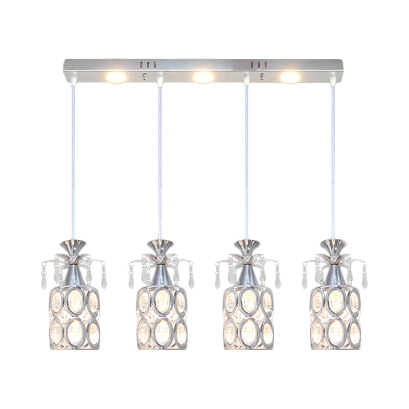 Modern Silver Finish Cluster Light Pendant With Crystal Block Suspension - 4 Bulb Cylindrical Lamp