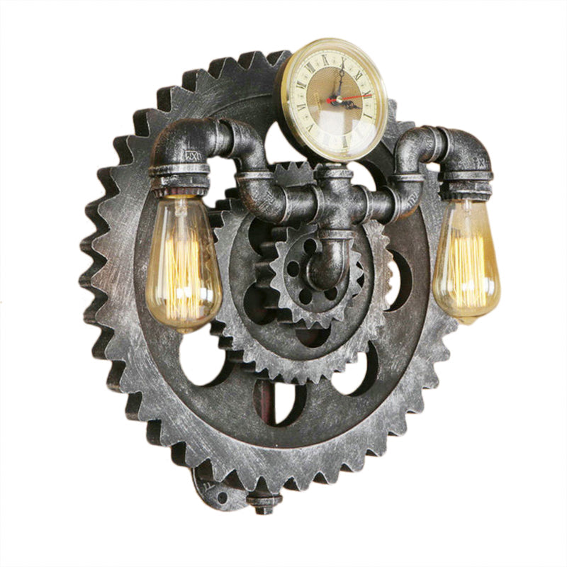 Industrial 2-Light Wrought Iron Wall Sconce - Exposed Bulb Lighting In Aged Silver For Living Room