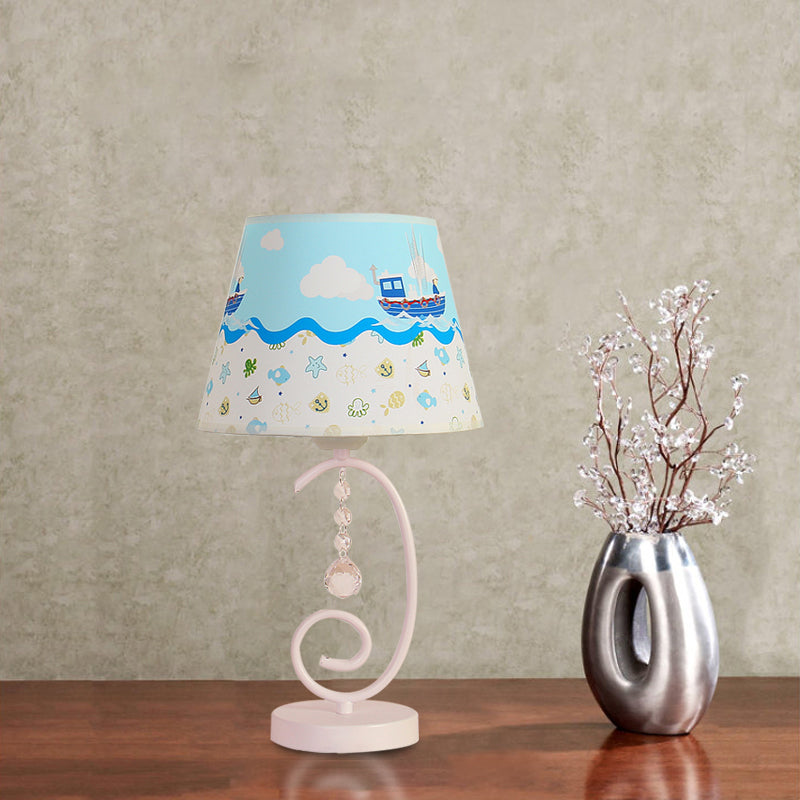 White Cartoon Night Lamp With Crystal Drop And Fun Animal Patterns Barrel Table Light