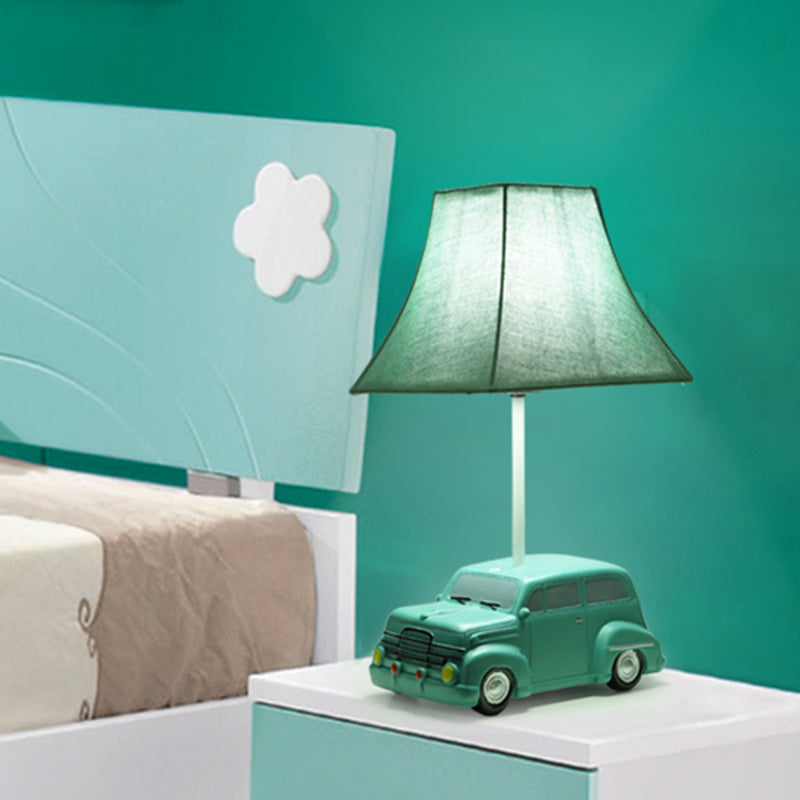 Blue Cartoon Desk Lamp For Nursery With Bell Fabric Shade And Car Resin Base