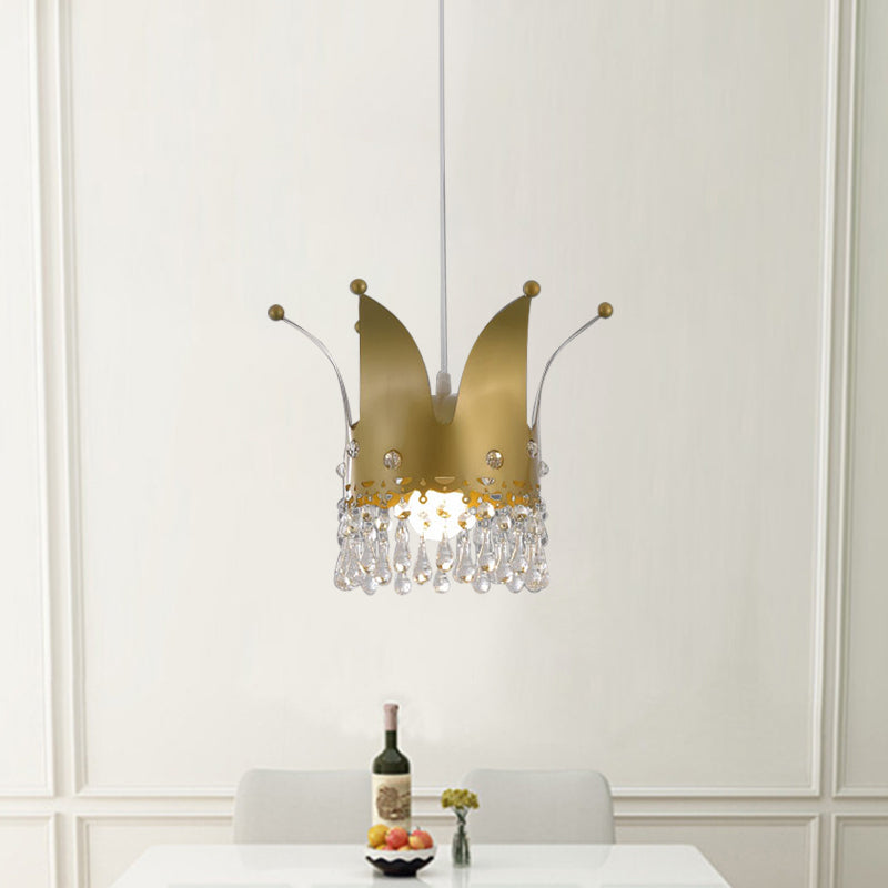 Gold Crystal Drop Modernist Crown Hanging Lamp - Bedroom Down Lighting With 1 Bulb