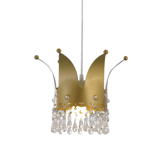 Gold Crystal Drop Modernist Crown Hanging Lamp - Bedroom Down Lighting With 1 Bulb