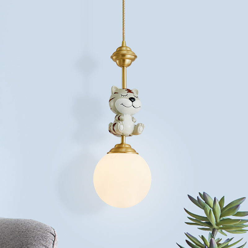 Cartoon Suspension Light: Gold Cow/Tiger Theme 1 Bulb Resin Ceiling Pendant With White Glass Shade /