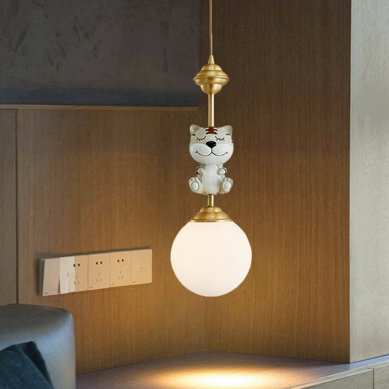 Cartoon Suspension Light: Gold Cow/Tiger Theme 1 Bulb Resin Ceiling Pendant With White Glass Shade