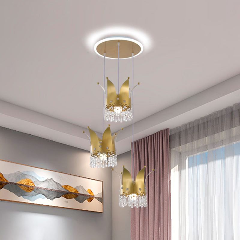 Modern Crown Cluster Pendant: 3-Head Nursery Suspension Light In Gold With Crystal Drops