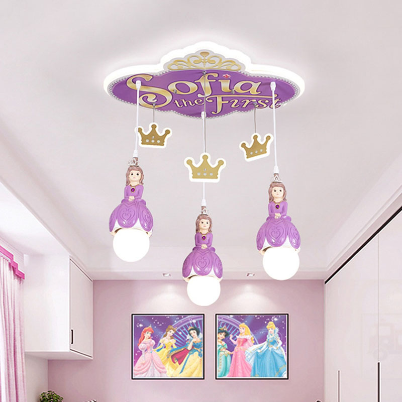 Cartoon Cluster Pendant Lamp - Purple Princess Crown Ceiling Light With 3 Metal Heads For Nursery