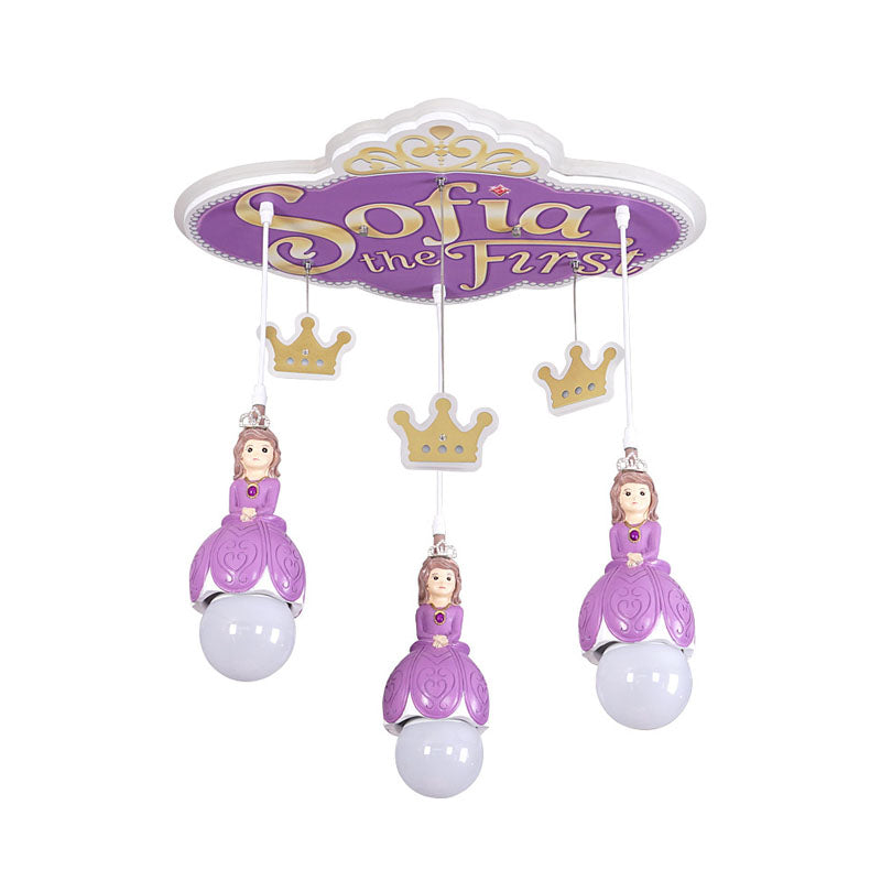 Cartoon Cluster Pendant Lamp - Purple Princess Crown Ceiling Light With 3 Metal Heads For Nursery