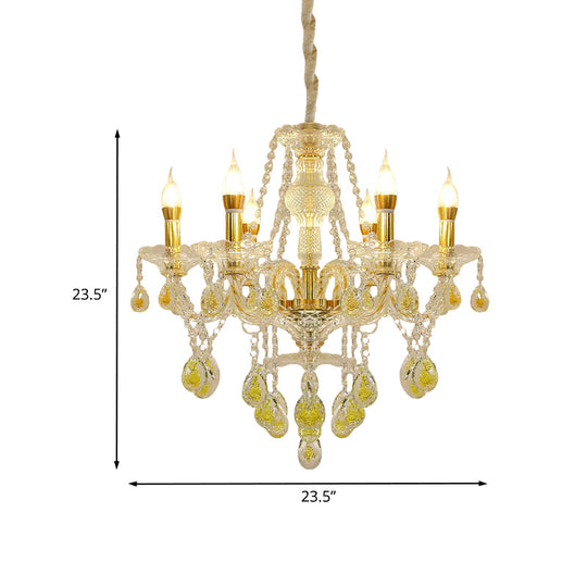 Modernist Gold Finish Candlestick Chandelier with Crystal Drip Pendant Lighting - 6 Bulbs