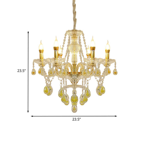 Modernist Gold Finish Crystal Drip Chandelier Pendant With 6 Bulbs Elegant Hanging Candlestick