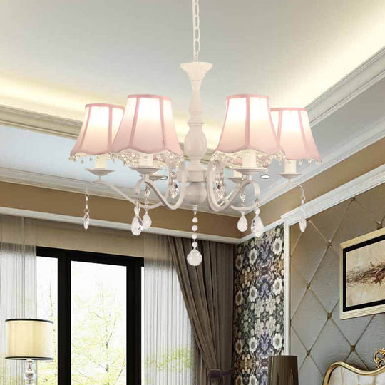 Contemporary 6-Light Pink/Blue Scalloped Fabric Pendant Chandelier with Crystal Droplet