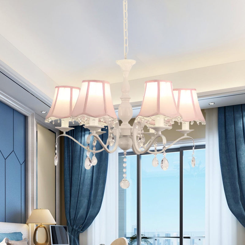 Contemporary 6-Light Pink/Blue Scalloped Fabric Pendant Chandelier with Crystal Droplet