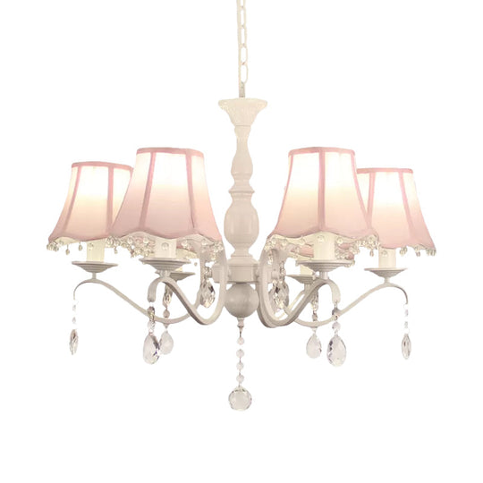 Contemporary 6-Light Scalloped Fabric Pendant Chandelier In Pink/Blue With Crystal Droplet