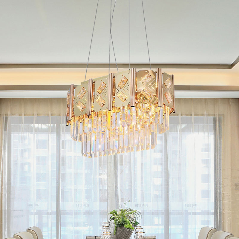 Modern Gold Beveled Crystal 10-Light Ceiling Chandelier with Tiered Hanging Prisms