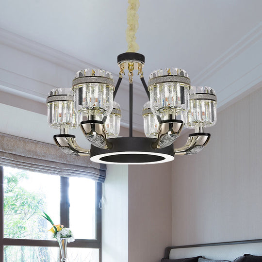 Modern Black Hoop Chandelier With Crystal Prisms Shade - 6 Bulb Living Room Pendant Lighting