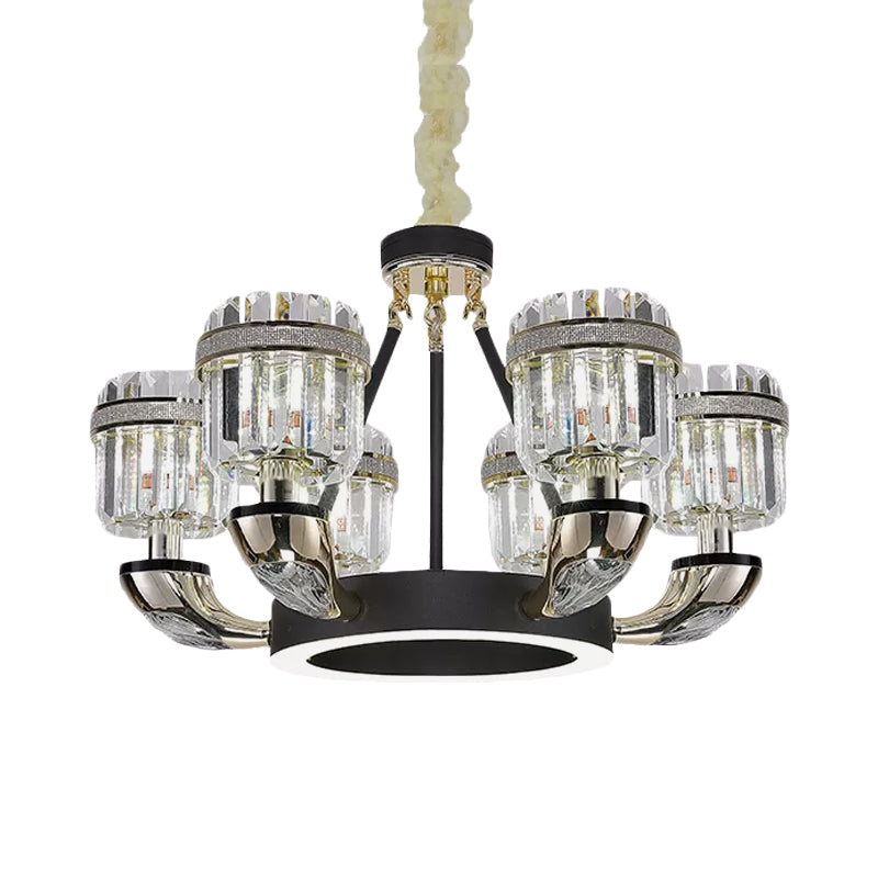 Modern Black Hoop Chandelier with Drum Crystal Prisms - 6 Bulbs, Living Room Pendant Lighting