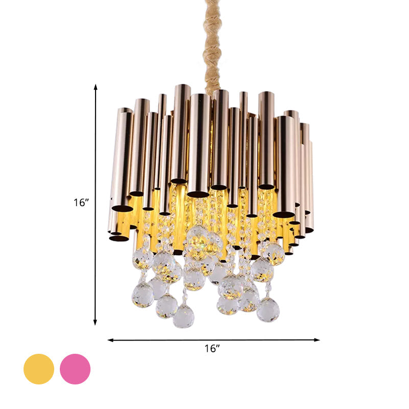 Modernist 6-Light Slim Tube Chandelier in Gold/Rose Red Finish with Crystal Ball Accents