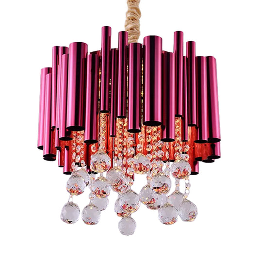 Modern Slim Tube Metal Chandelier Light: 6-Lights Gold/Rose Red Finish Crystal Ball Decoration
