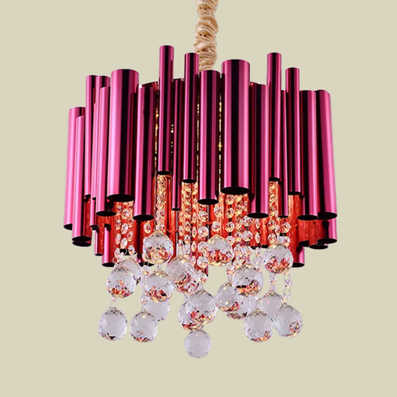 Modernist 6-Light Slim Tube Chandelier in Gold/Rose Red Finish with Crystal Ball Accents
