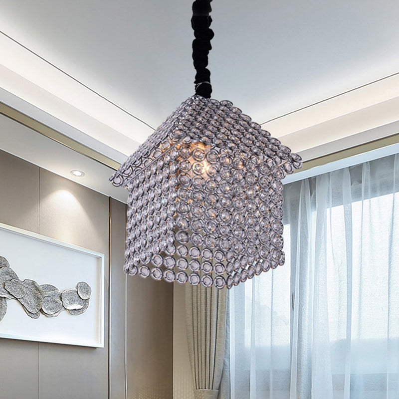 Modern Crystal Encrusted House Shaped Pendant Chandelier - Chrome Finish 3 Heads