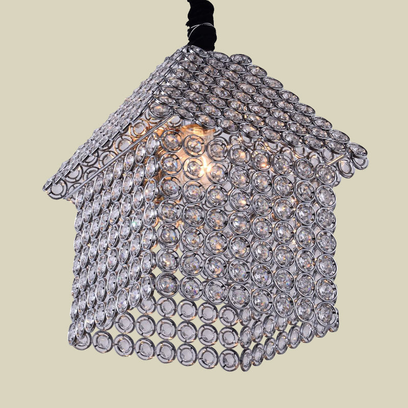 Modern Crystal Encrusted House Shaped Pendant Chandelier - Chrome Finish 3 Heads