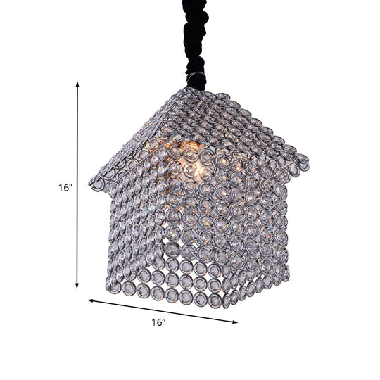 Modern Crystal Encrusted House Shaped Pendant Chandelier - Chrome Finish 3 Heads