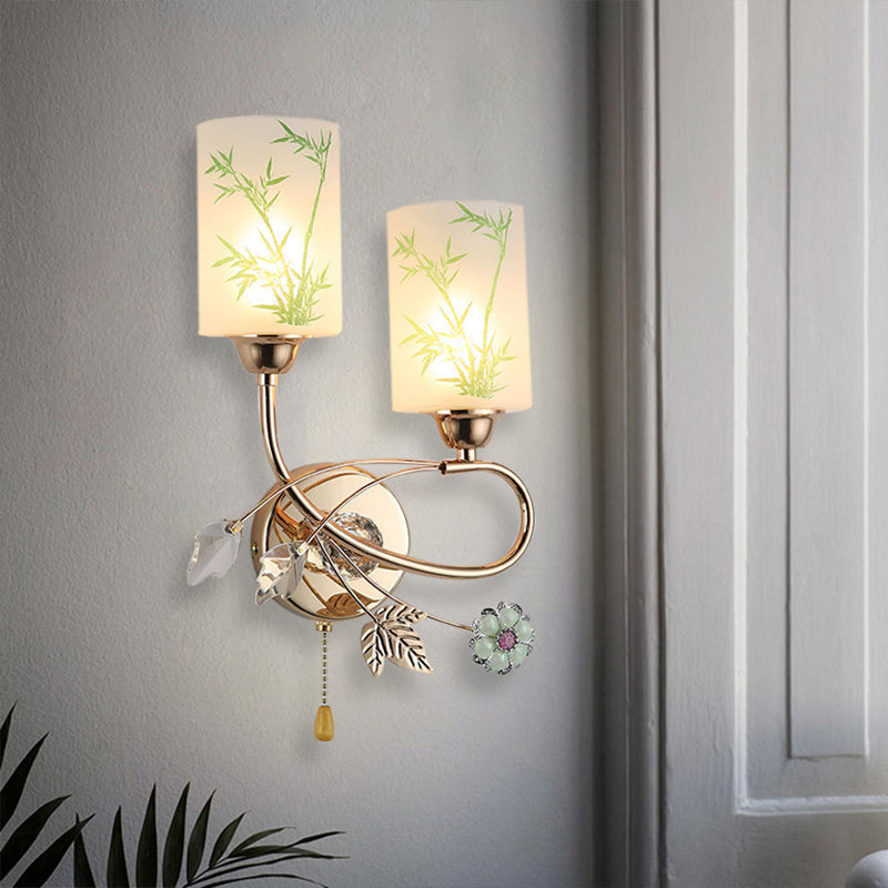 Modernist Glass Cylinder Sconce With 2 Lights And Gold Pull Chain - Wall Mounted Lamp