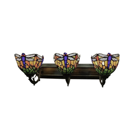 Dragonfly Wall Lamp - Lodge Style Stained Glass Antique Brass Finish 3 Lights Sconce