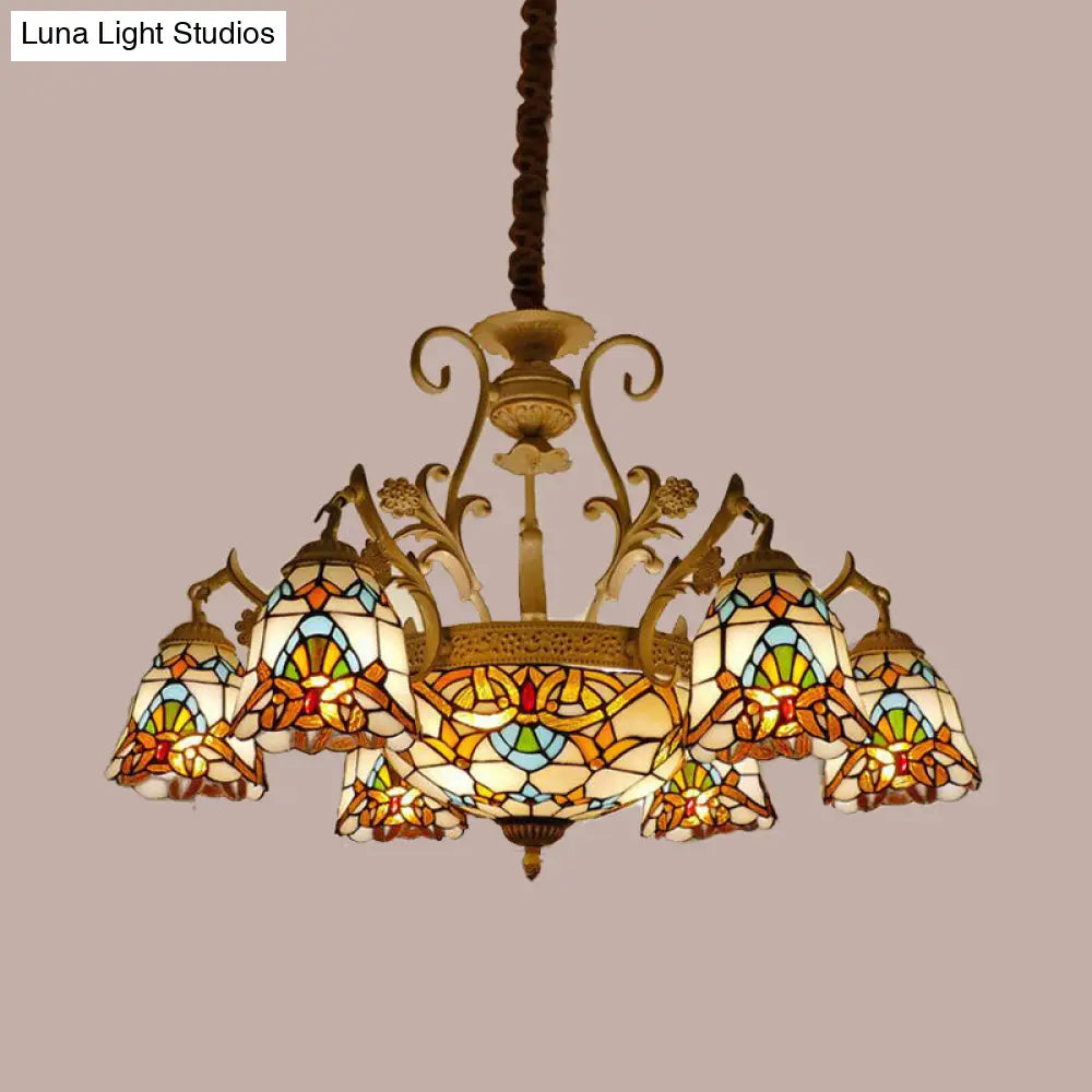 Tiffany Stained Glass Flower Chandelier Light - White And Gold Suspension Lighting With 9/11 Lights