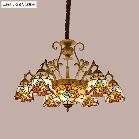 Tiffany Stained Glass Flower Chandelier Light - White And Gold Suspension Lighting With 9/11 Lights